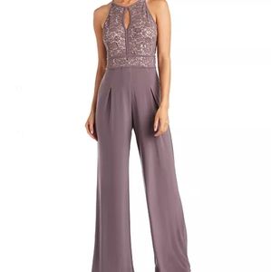 NW Nightway Womens Lace Trim Halter Jumpsuit, Mocha/Nude macys wide leg